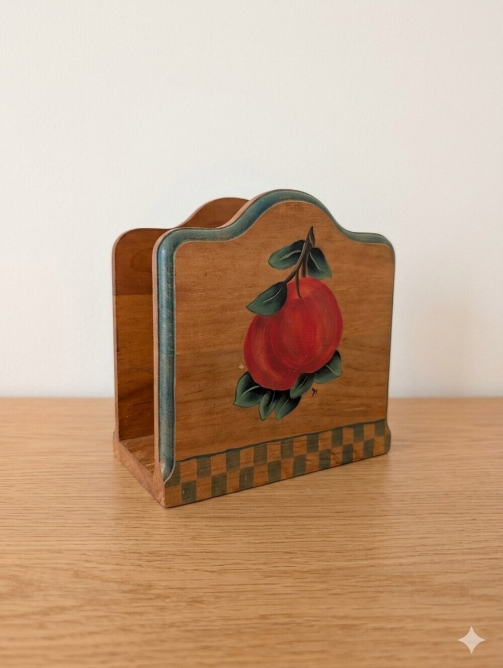 Hand-Painted Wooden Napkin Holder with Red Apple Motif